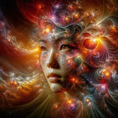 The primary subject of the image is a woman's face, which is the main focus of the image. The setting is a vibrant and colorful background, which adds to the overall atmosphere of the image. The visual style is a combination of photo and digital art, creating a unique and eye-catching representation of the woman's face. The colors and mood of the image are lively and energetic, with a strong emphasis on the woman's features and the surrounding environment.